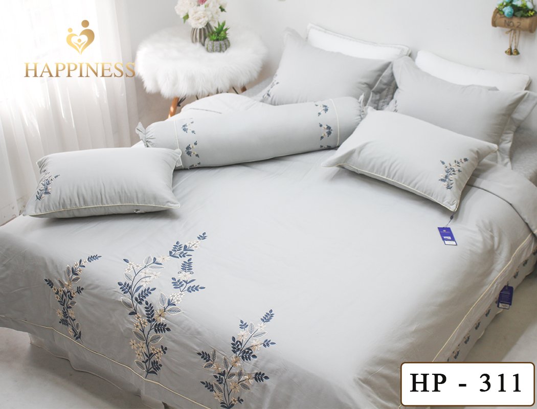Trọn bộ ga gối trần phủ 7 món happinees 2m*2m2 tông màu ghi