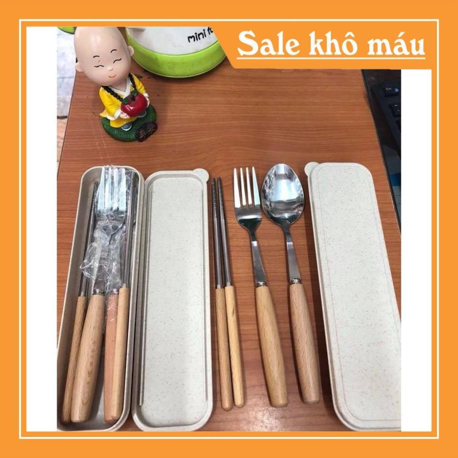 Bộ thìa đũa lúa mạch cán gỗ kèm hộp đựng