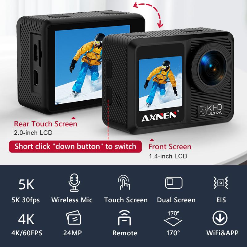 AXNEN AX9 5K Action Camera with Wireless Microphone, 4K 60fps EIS Video Sports Cameras, Touch Screen, 24MP WiFi Cam with Remote