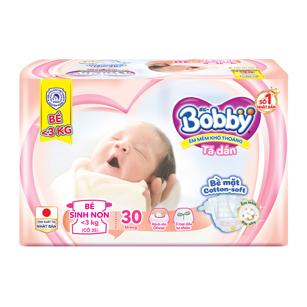 Tã dán Bobby cho trẻ sinh non dưới 3kg 30 miếng