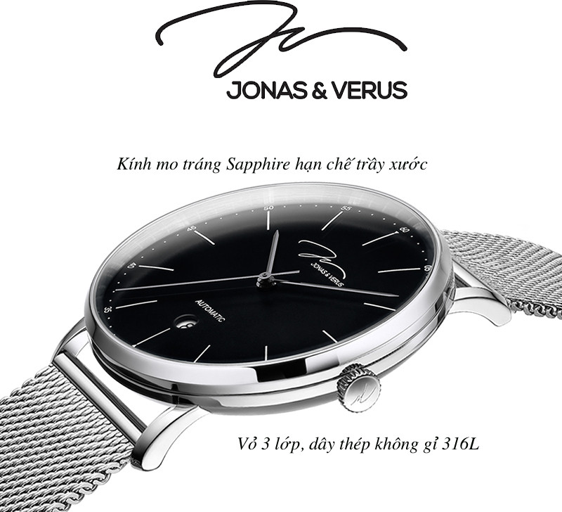 Đồng hồ đeo tay Nam hiệu JONAS & VERUS Y01544-A0.WWBBW, Máy Cơ (Automatic), Kính mo tráng sapphire, Dây lưới thép không gỉ 316L