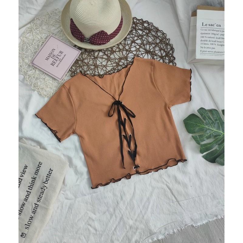 Áo croptop đan dây mắt cáo, ảnh thật trải sàn