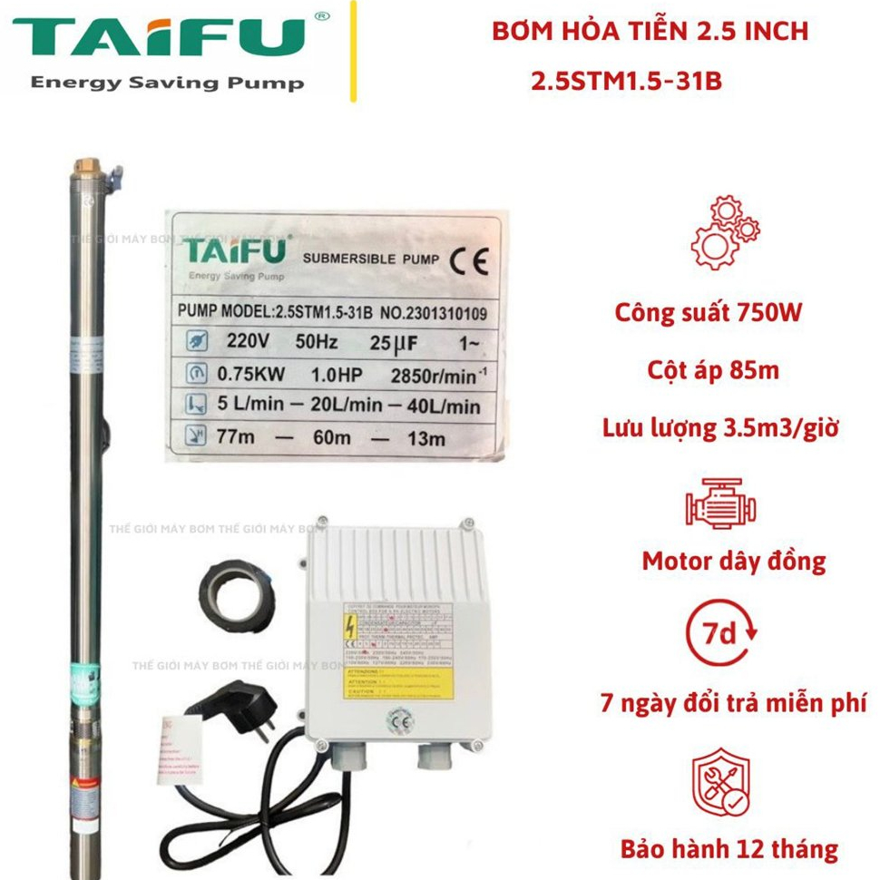 Bơm hỏa tiễn 750W (1HP) (2.5&quot; Ø60 thả ống 76) thân inox 304 có hộp tụ đi kèm TAIFU - Bảo hành 1 năm