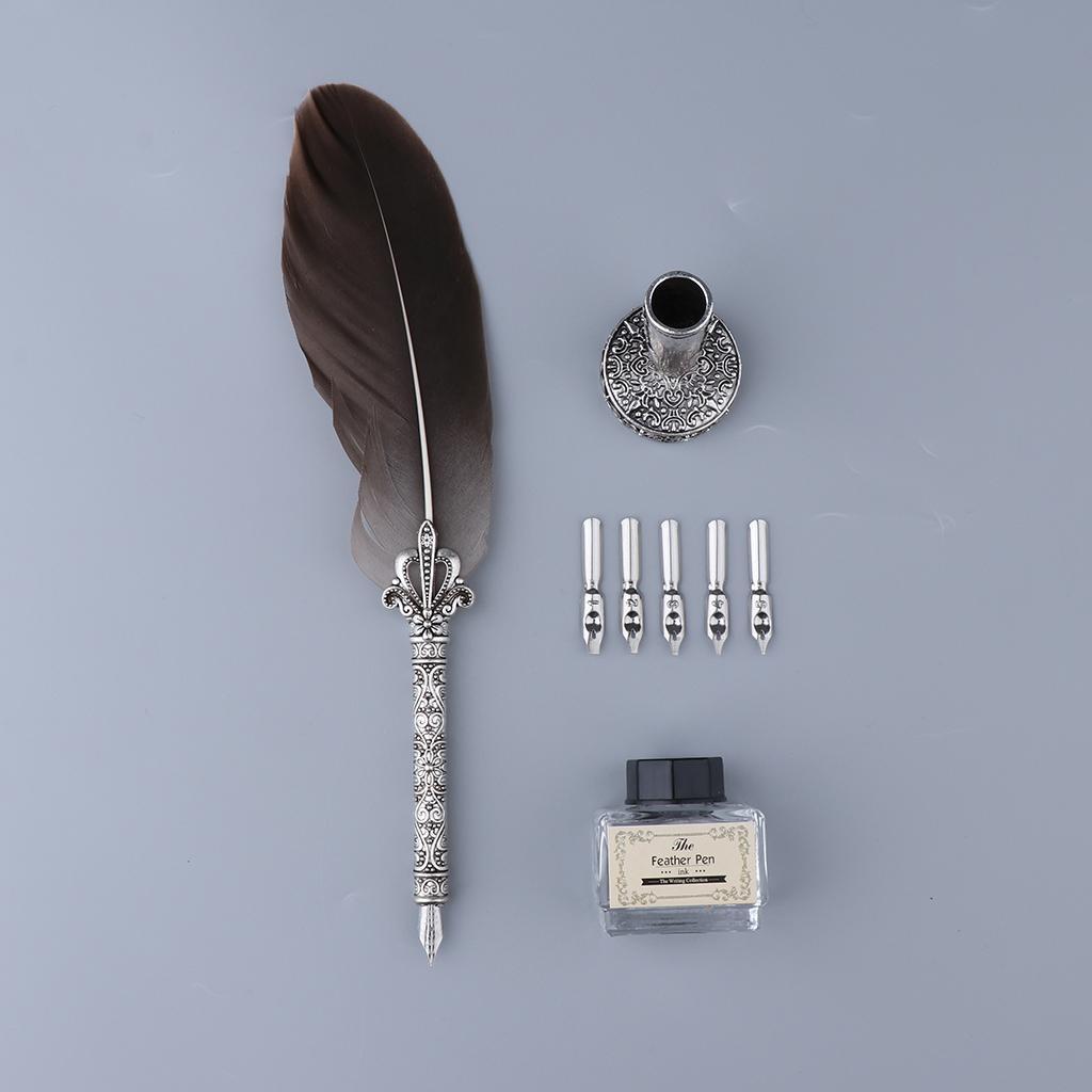 Feather Quill Pen Set, Dip Pen with 5 Nibs and Ink Bottle Pen Holder Calligraphy Pen in Gift Box for Student Teacher