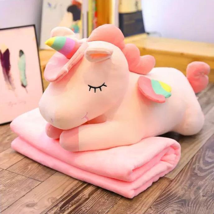 Bộ Chăn Gối Văn Phòng 3in1 (Gấu Bông Có Mền) ngựa kỳ lân Unicorn 60cm (Tặng Kèm 1 Ví Da 12 Ngăn Đựng Thẻ ATM, Card Visit)