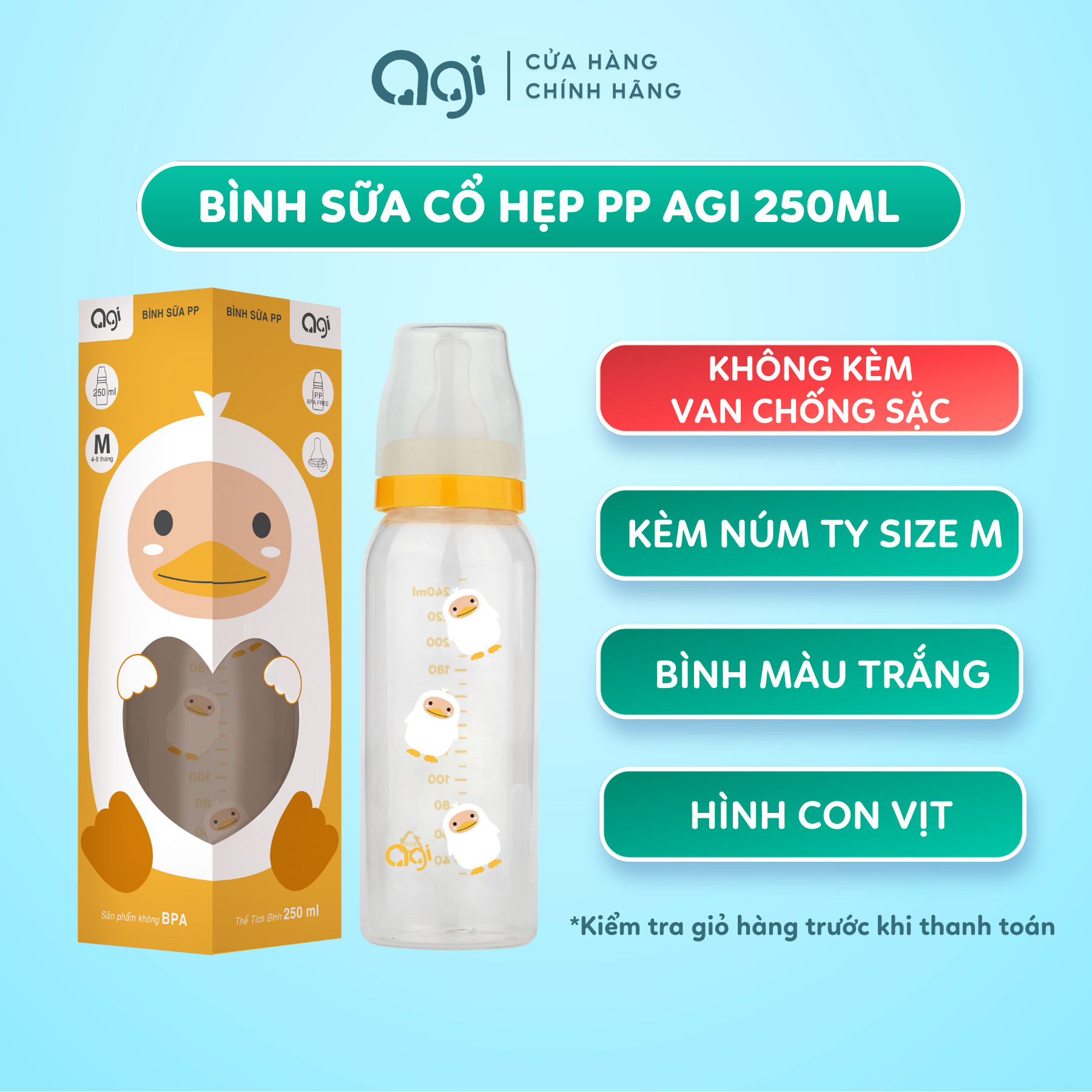 Bình sữa cổ hẹp PP Agi 250ml
