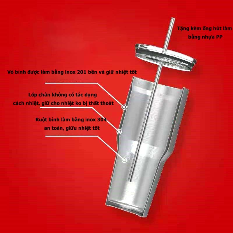 Ly giữ nhiệt inox 304 dung tích 890ML kèm ống hút - Màu hồng