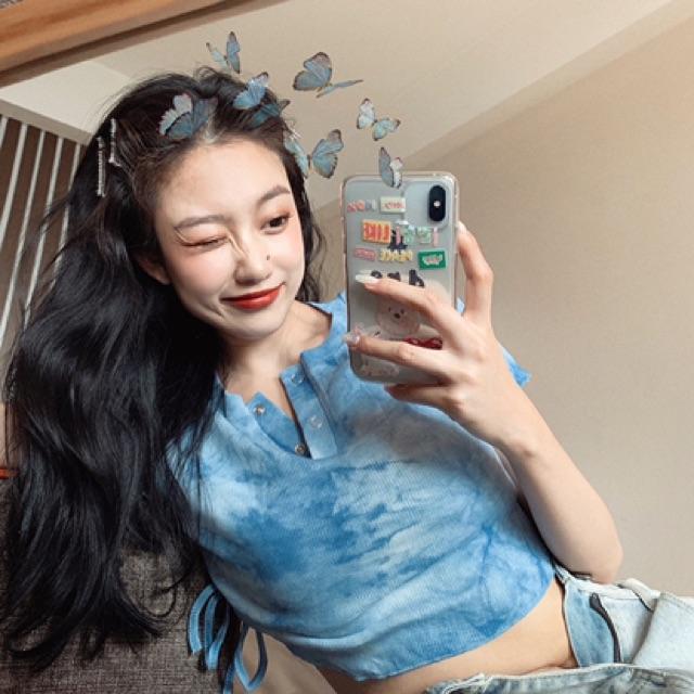Áo croptop thun gân dây rút màu tie dye cá tính