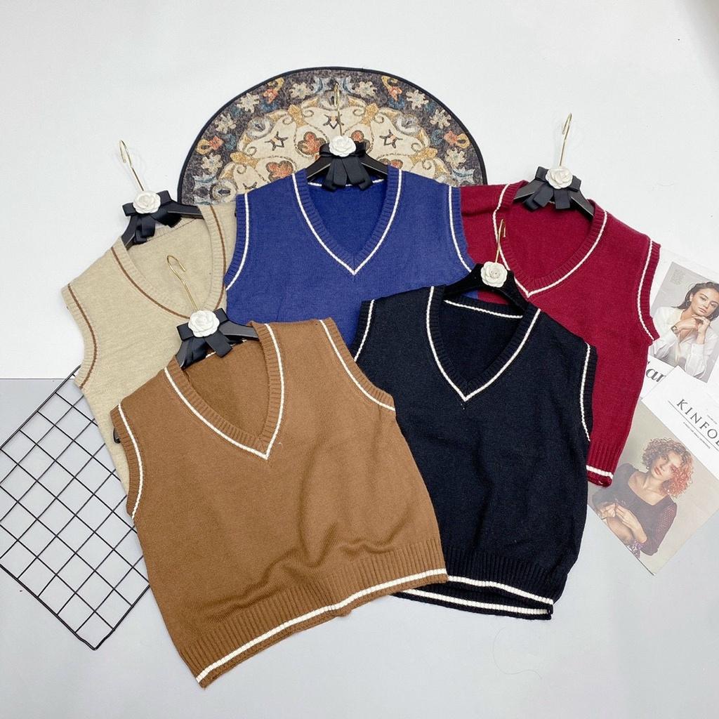 Áo gile len trơn viền phối nhiều kiểu vintage
