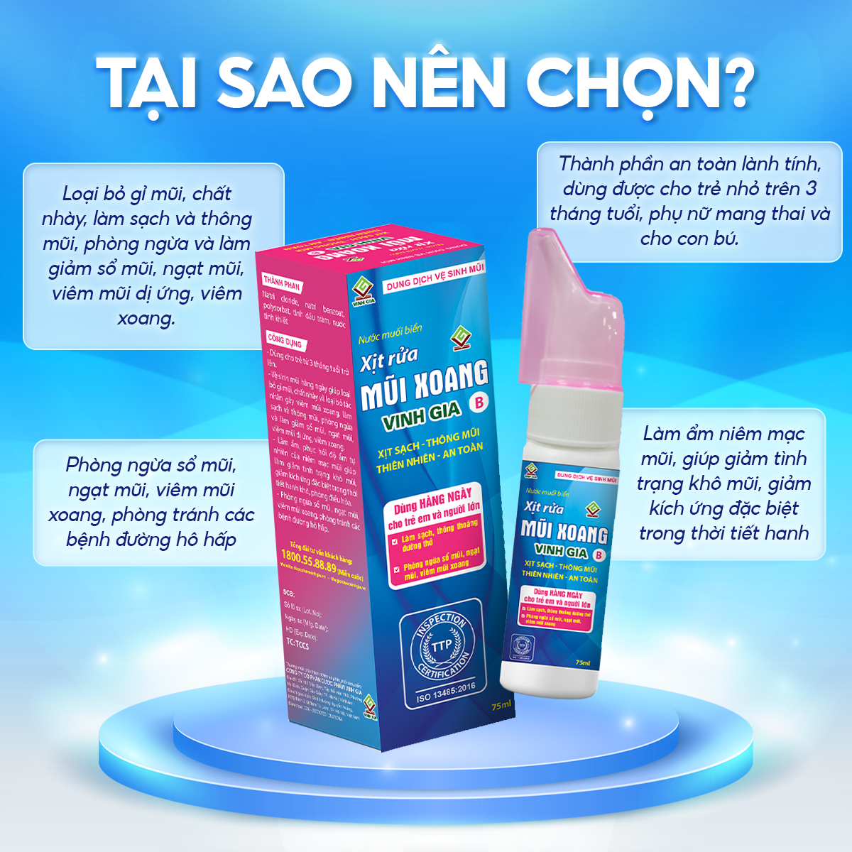 Xịt Rửa Mũi Xoang VINH GIA B Chứa Tinh Dầu Tràm, Giảm Dị Ứng, Nghẹt Mũi, Dùng Cho Trẻ Em Từ 3 Tháng Tuổi 75ml