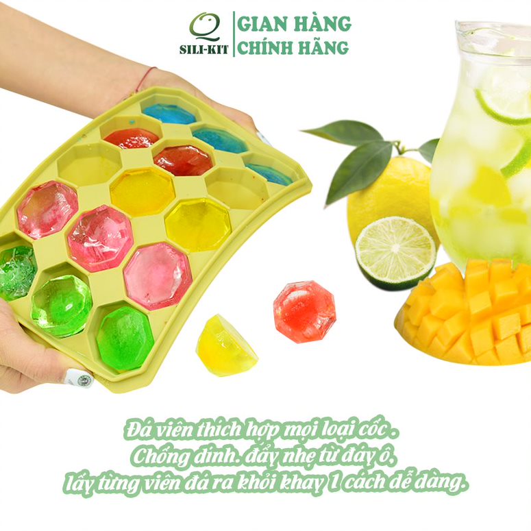 Khay làm đá silicone có nắp QSILIKIT 15 ngăn hình kim cương, hộp trữ đông thực phẩm an toàn