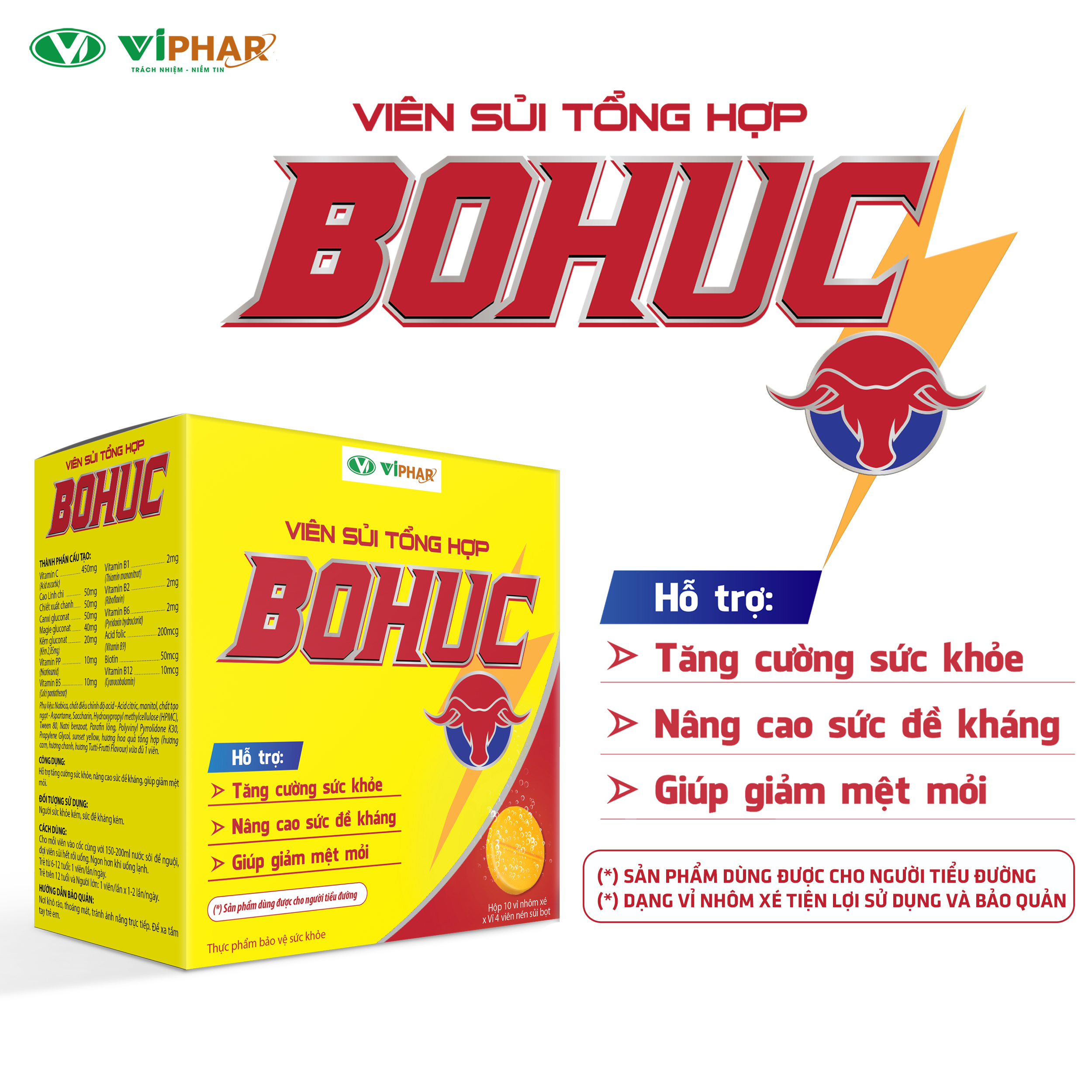 Viên Sủi Tăng Lực, Giảm Căng Thẳng Mệt Mỏi, Tăng Đề Kháng Dùng Được Cho Người Tiểu Đường BOHUC VIPHAR Hộp 40 Viên Vỉ Nhôm Bảo Quản An Toàn