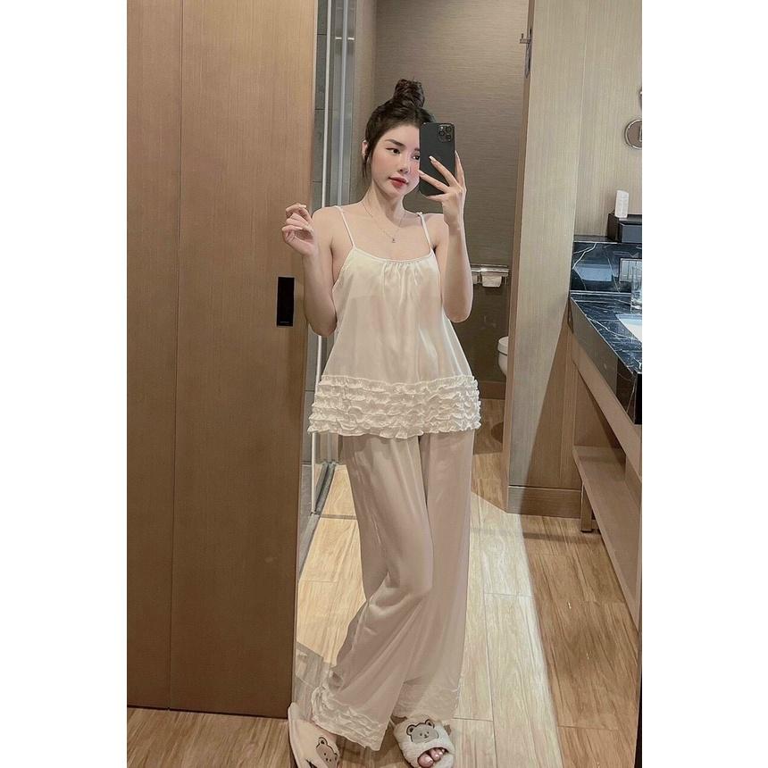 Đồ ngủ 2 dây quần dài bèo gợi cảm, đồ bộ satin mặc cực mát