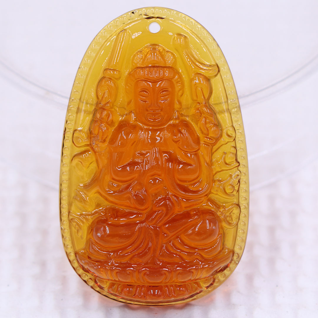 Mặt Phật Thiên thủ thiên nhãn pha lê cam 1.9cm x 3cm  kèm vòng cổ dây chuyền inox rắn vàng + móc inox vàng, Phật bản mệnh, mặt dây chuyền