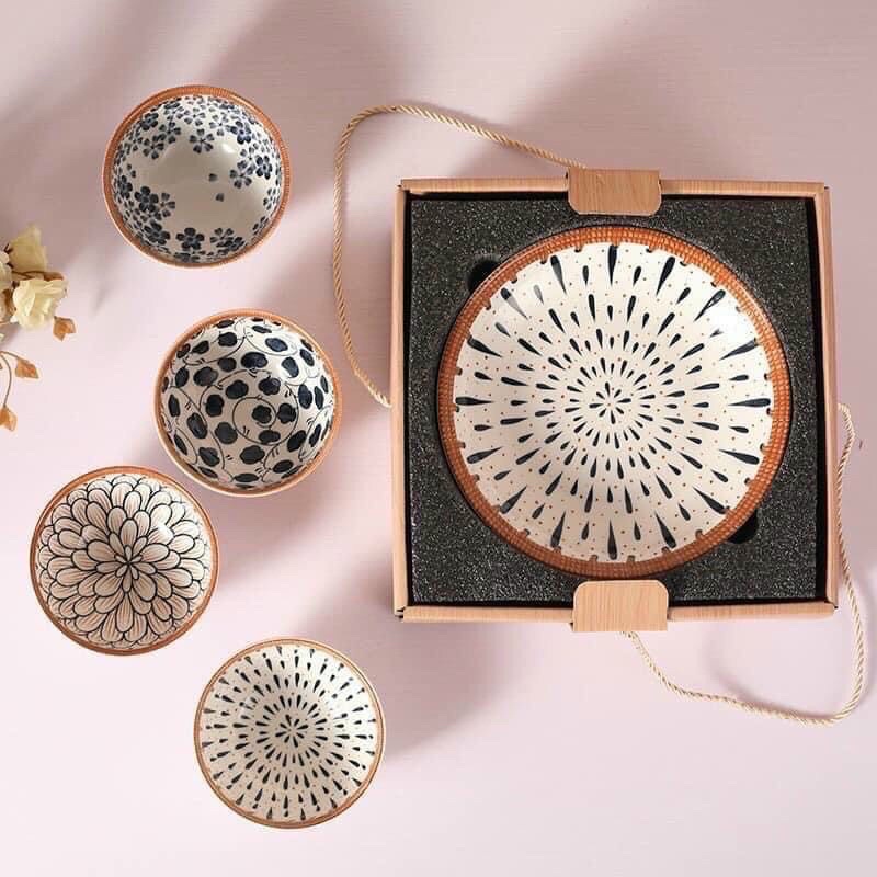 Bộ bát đĩa gốm sứ phong cách Nhật Bản họa tiết trang nhã 11 món kèm hộp - Bộ chén bát decor siêu xinh