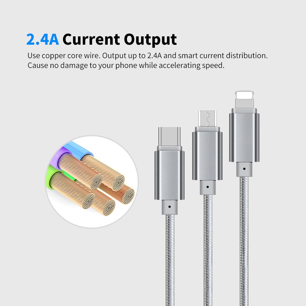 3 in 1 Charging Cable Data Cable 2.4A with Micro USB/Type-c Replacement for iPhone Xiaomi Huawei Samsung Nylon Braided