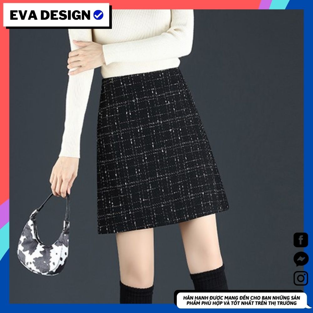 Chân váy ngắn dáng chữ A hot trend Eva design , chất vải dạ tweed màu đen kẻ sọc có quần trong siêu xinh