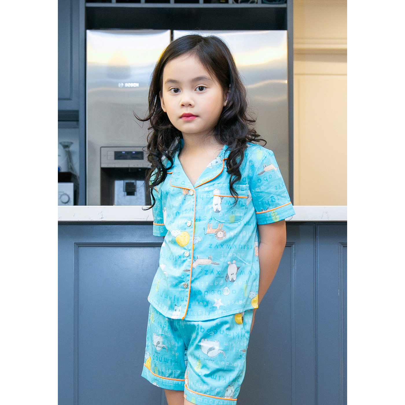 Bộ mặc nhà Pijama bé gái màu xanh họa tiết hình thú