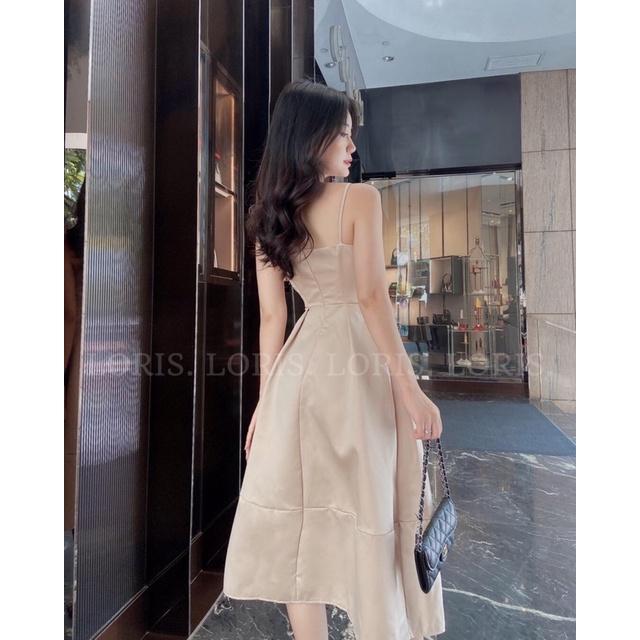Đầm 2 dây nâu xếp ly ngực dáng dài