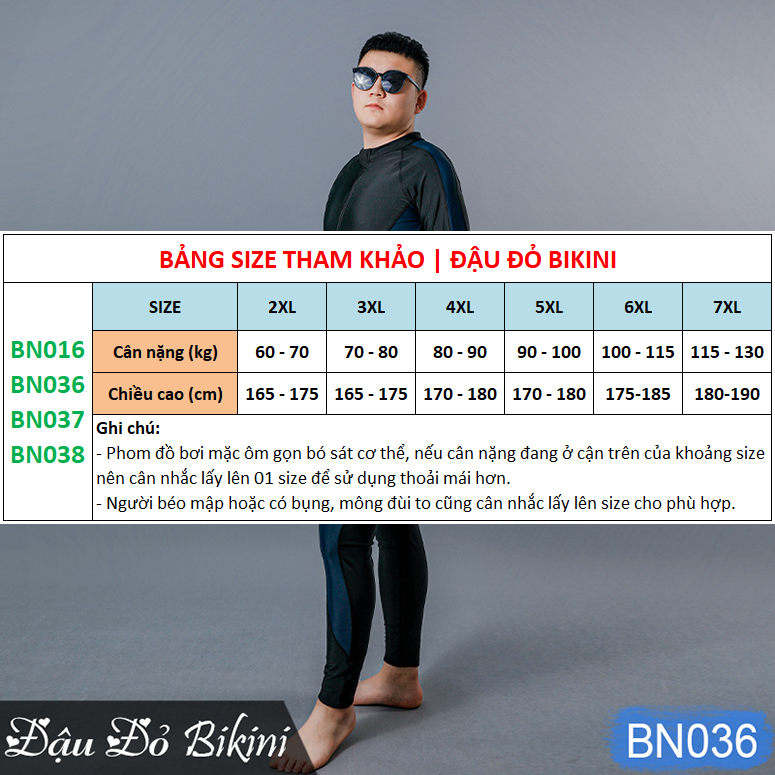 Đồ bơi nam cỡ đại đến 130kg, quần áo tắm big size cho người béo mập, áo dài tay khoá kéo &amp; quần dài chống nắng, chất thun bơi lạnh Hàn co giãn đa chiều | BN036