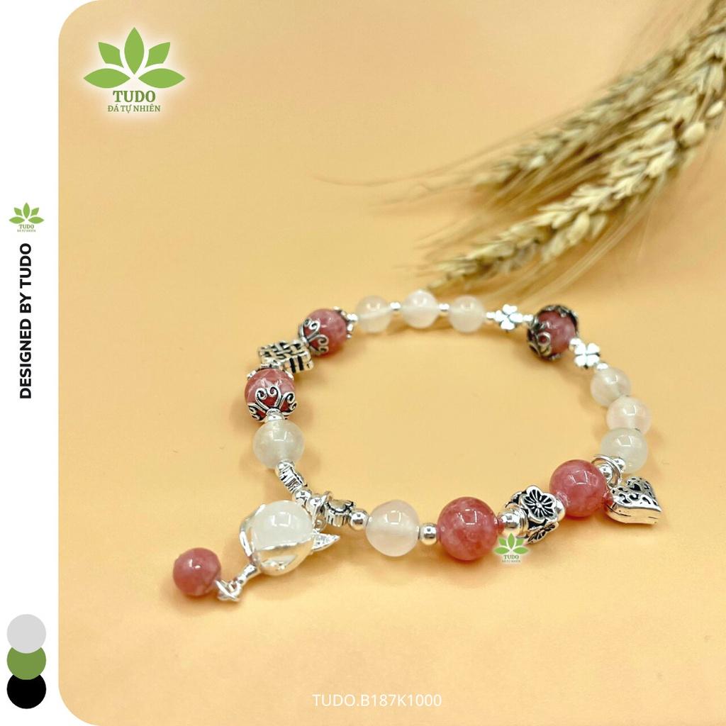 Vòng Tay Nữ Đẹp - Vòng Phong Thủy Mệnh Kim Thủy TUDO B187K1000 VCBDAOH VCBMOON hồng, trắng, Charm Bạc Cát Tường, Ốp Hoa