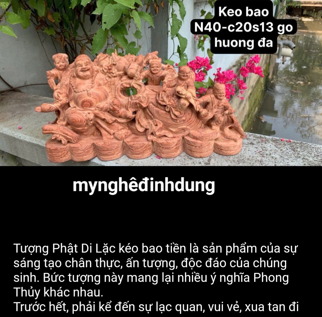 Tượng phật di lặc ngũ phúc kéo bao vàng bằng gỗ hương đá  kt 40x20x13cm