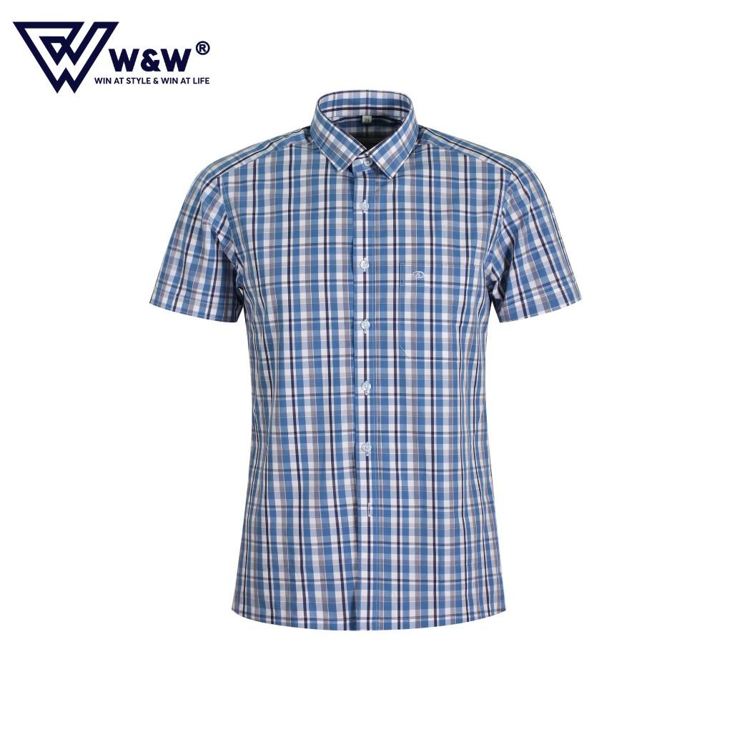 Áo Sơ Mi Nam W&amp;W Dáng Slim Fit Cổ Đức Tay Cộc Hoạ Tiết Kẻ, Chất Liệu Thấm Hút, Mềm Mịn Cao Cấp WSS203