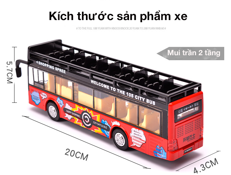 Đồ chơi mô hình xe bus 2 tầng mui trần KAVY có nhạc và đèn chạy cót bằng kim loại bền bỉ, xe thăm quan du lịch thành phố