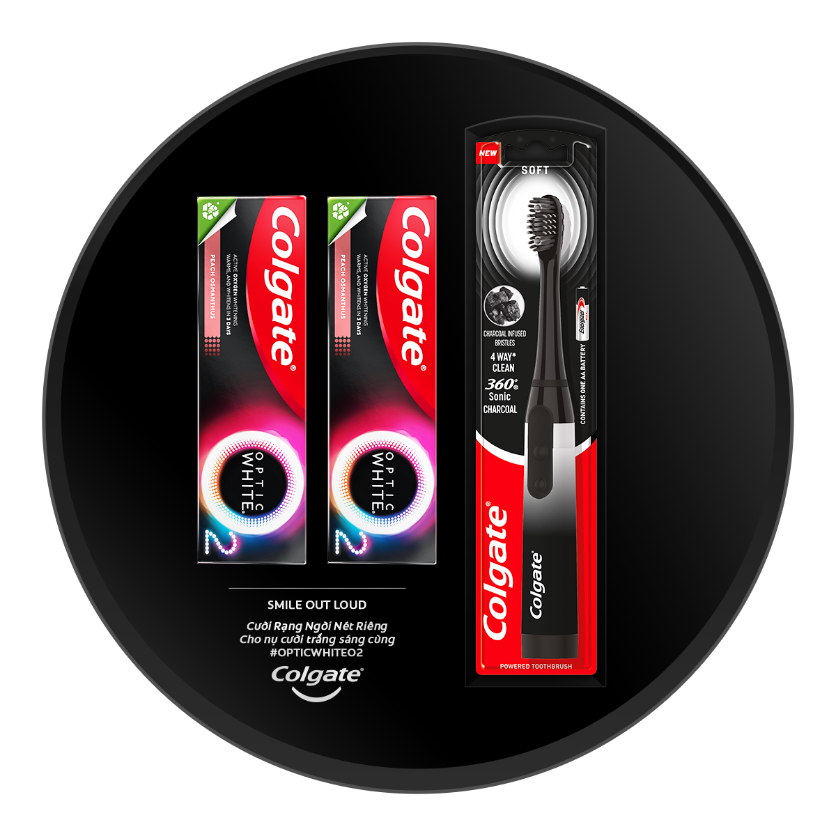 Combo bàn chải điện Colgate Sonic Charcoal và 2 kem đánh răng Colgate Optic White O2 85g trắng răng 3 ngày