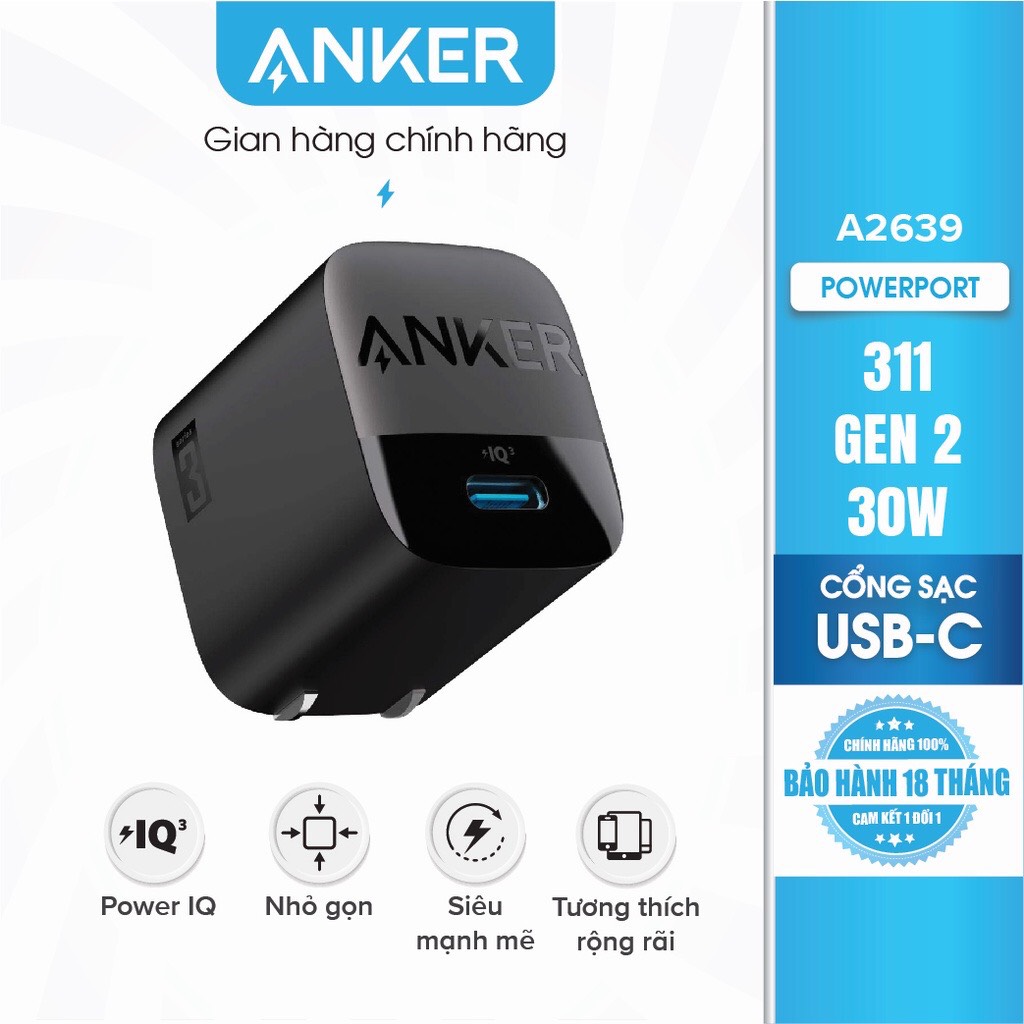 Cốc Sạc Nhanh AN KER 313/311 GEN 2 30W 1 Cổng USB-C PiQ 3.0 tích hợp PD/PPS - AN KER A2639 - Hỗ Trợ Sạc Nhanh Cho Iphone Và Android