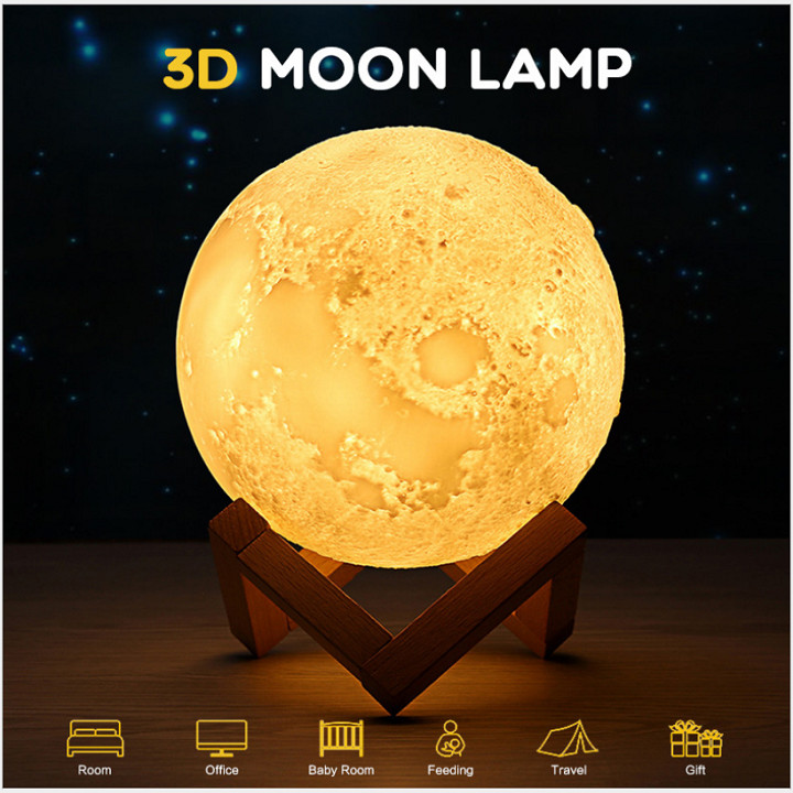 Đèn ngủ điều khiển từ xa ,cảm ứng đổi 16 màu mặt trăng 3D