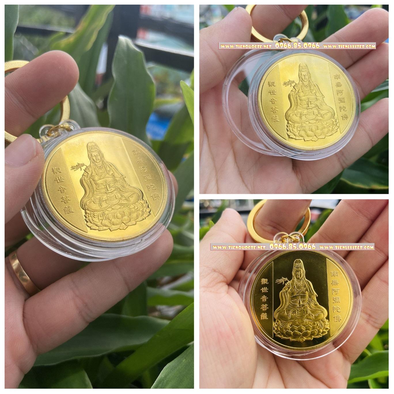 Quà tết sang trọng lì xì Móc khóa Đồng Xu Quan Âm Bồ Tát Phong Thuỷ May Mắn Tặng Kèm Túi Gấm QTLNC000064