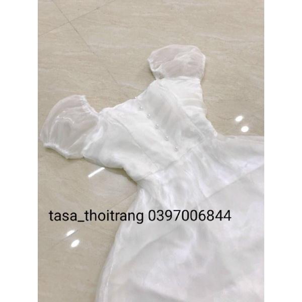 TCO-ảnh thật Váy đầm nữ dáng xòe màu trắng tinh khôi phối nút HT59