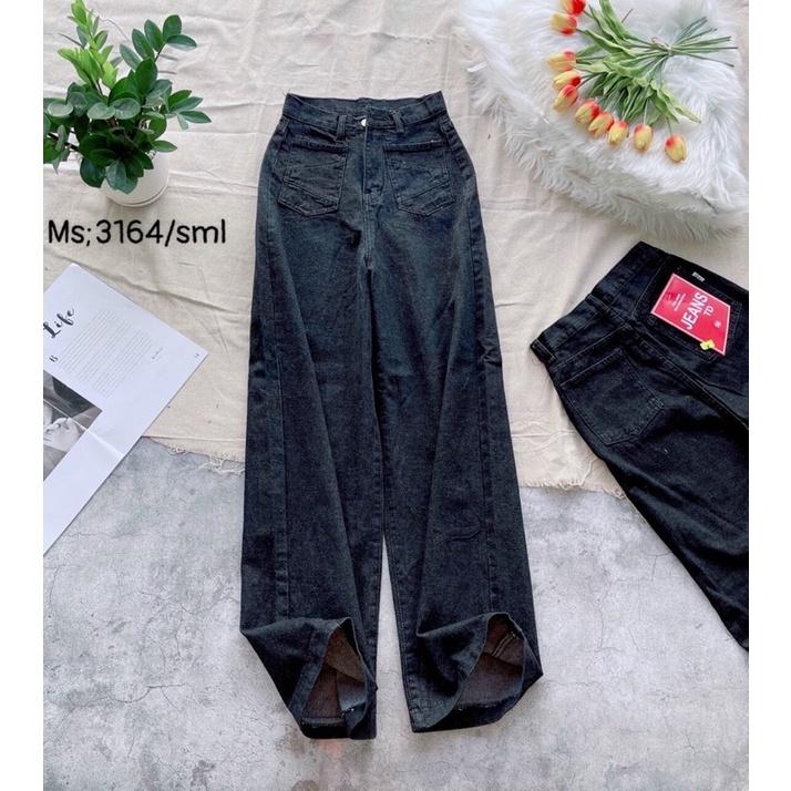 Quần Jeans Dài Ống Rộng Đen Lưng Cao Phối 2 Túi Q054