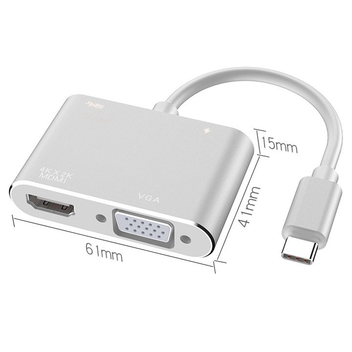 Cáp chuyển USB-C ra HDMI 4K + VGA 1080p + USB3.0 + USB-C(PD), vỏ nhôm cao cấp - PK59 PK60