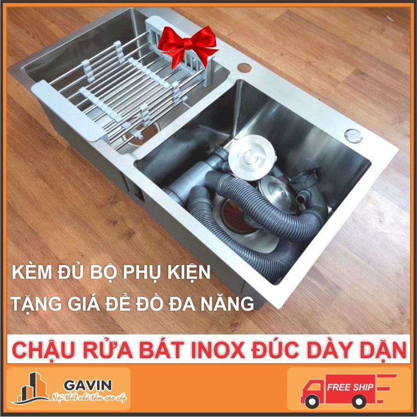 Chậu rửa bát đúc 2 hố dày dặn -Tặng rổ rút đa năng