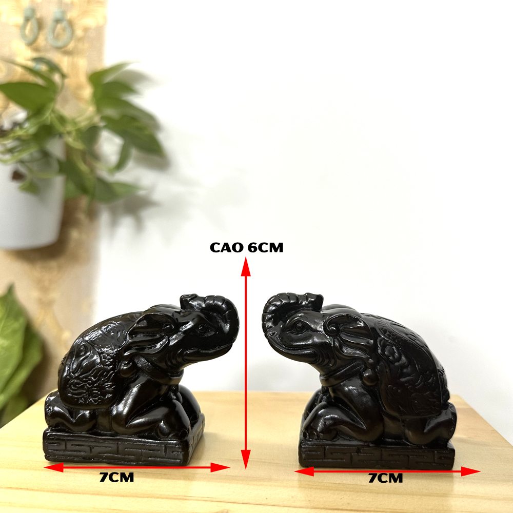 Cặp 2 tượng voi đá trang trí phong thủy bàn làm việc - Cỡ mini - Cao 6cm - Màu nâu đen