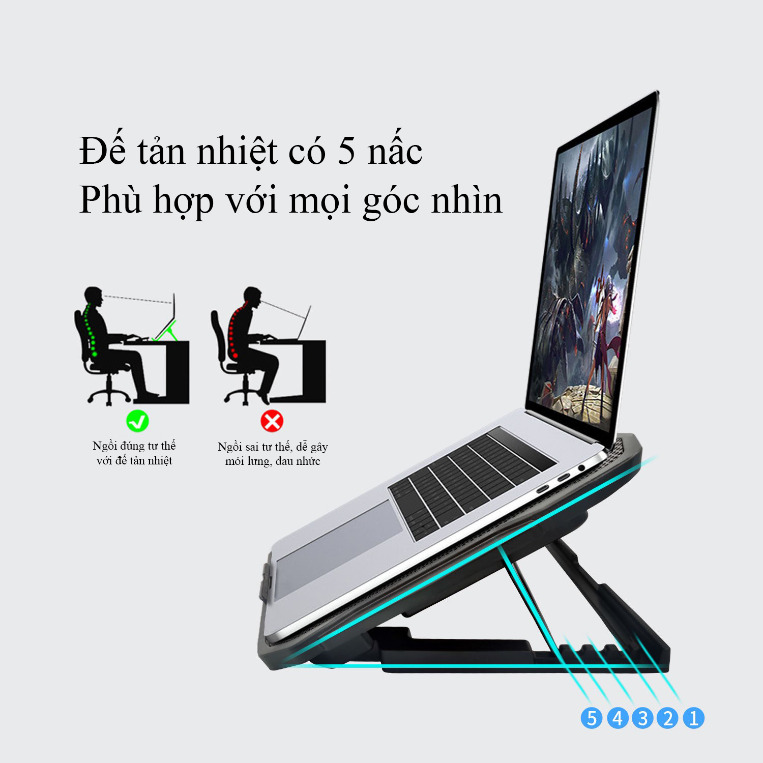 Đế tản nhiệt laptop 6 quạt, đèn LED, chạy êm, làm mát cực nhanh, hai cổng USB tiện lợi - K1305