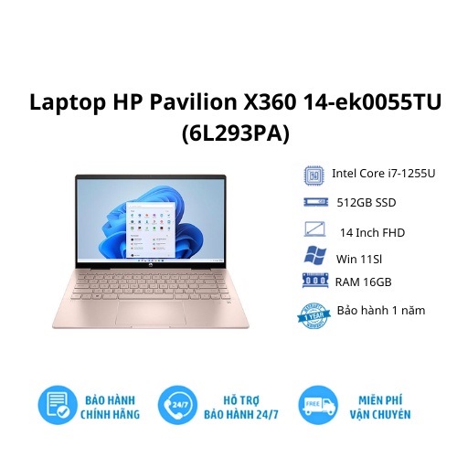 Laptop HP Pavilion X360 14 ek0055TU i7 1255U/16GB/512GB/14"F/Touch/Pen/Win11/(6L293PA)/Vàng - Hàng Chính hãng