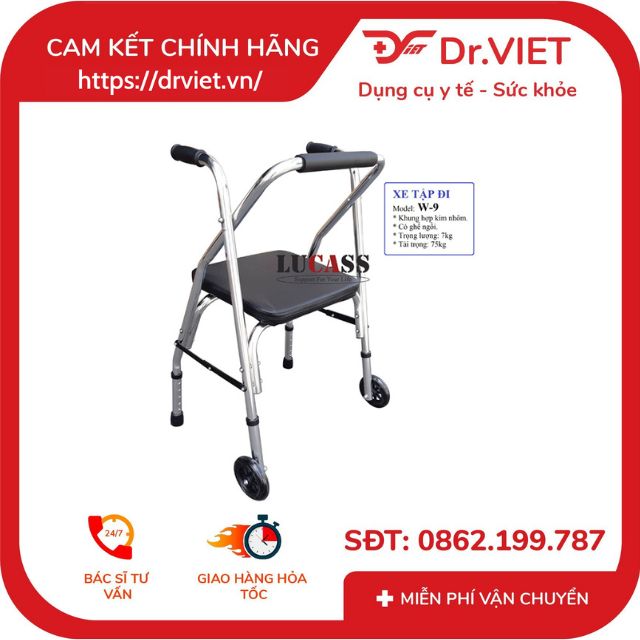 Khung tập đi có ghế ngồi Lucass W-9 dùng cho các bệnh nhân phục hồi chức năng đi lại do tai nạn, tai biến, người già ốm đi không vững