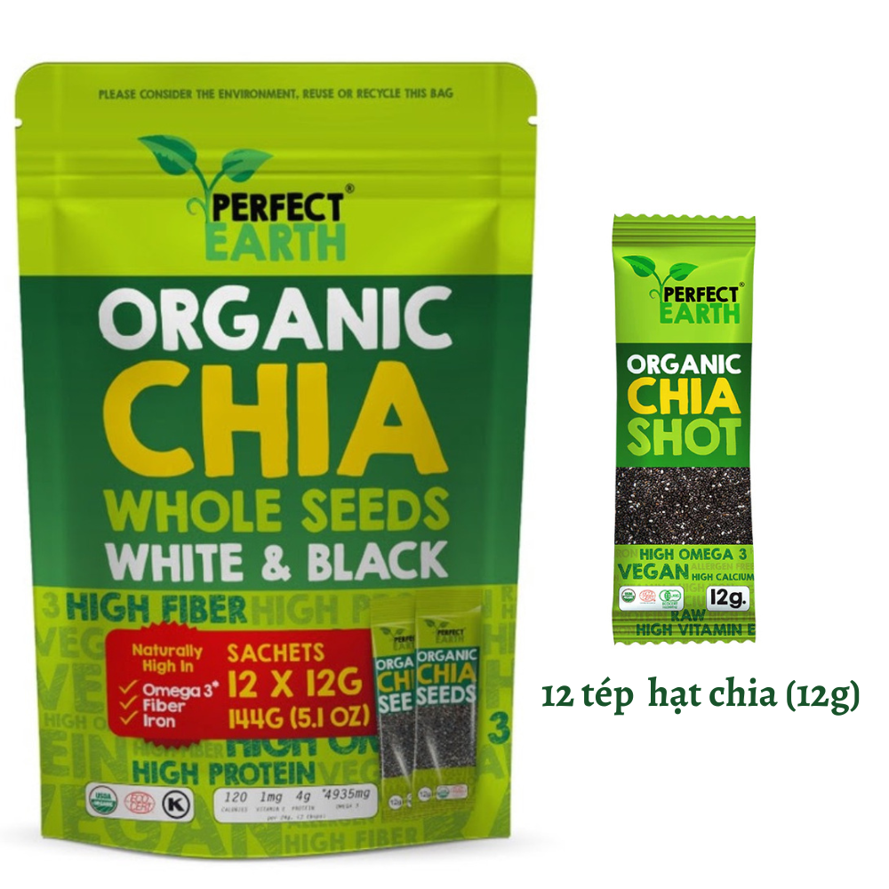 Hạt Chia Hữu Cơ 144g (12x12g) - Tép 12g tiện dụng - Perfect Earth Organic Chia Seeds (12x12g)