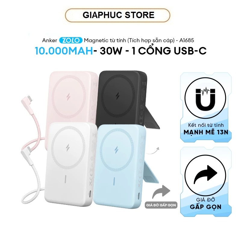 Sạc dự phòng từ tính Anker Zolo 10.000mAh 1 cổng USB-C (tích hợp sẵn cáp)+ Sạc không dây chuẩn Qi, Tối đa 30W- A1685 - Hàng Chính Hãng