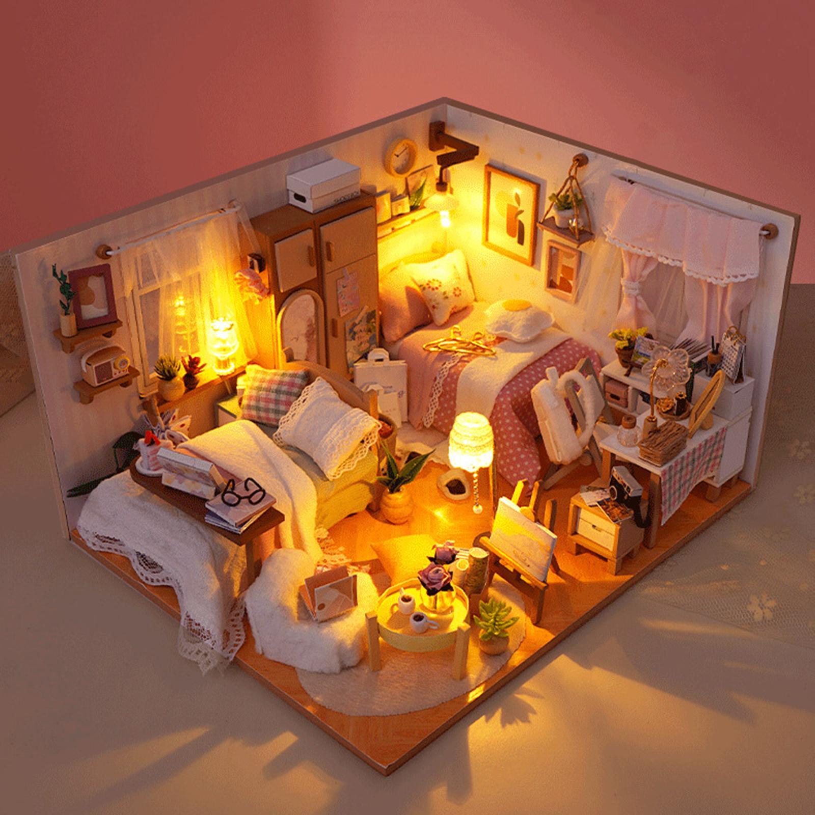 DIY Wooden Miniature Dollhouse Kits, Creative Bedroom, Birthday Gifts, with Furniture Educational Toy Modern for Boys Girls Doll House Model