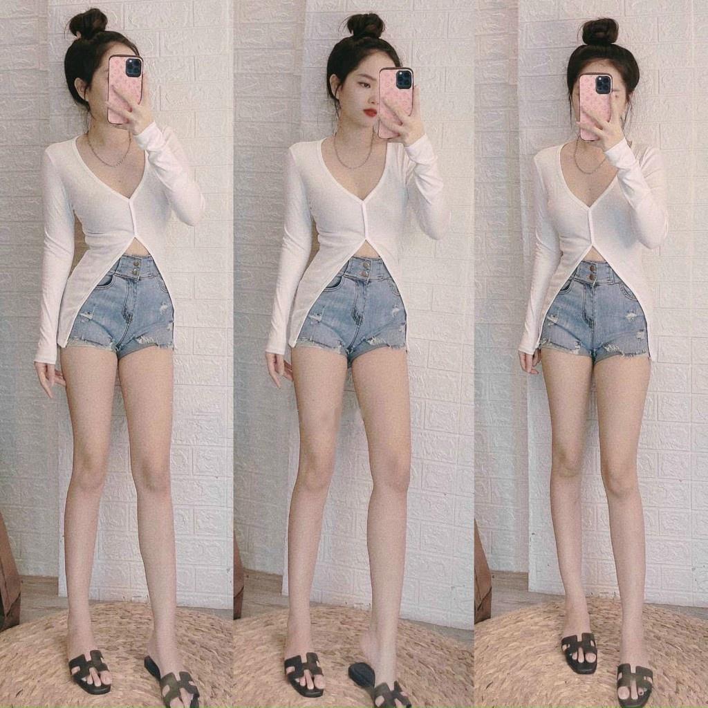 Áo croptop nữ kiểu dài tay xẻ tà vải thun gân cổ tim ôm body sexy HIJUNE CT08