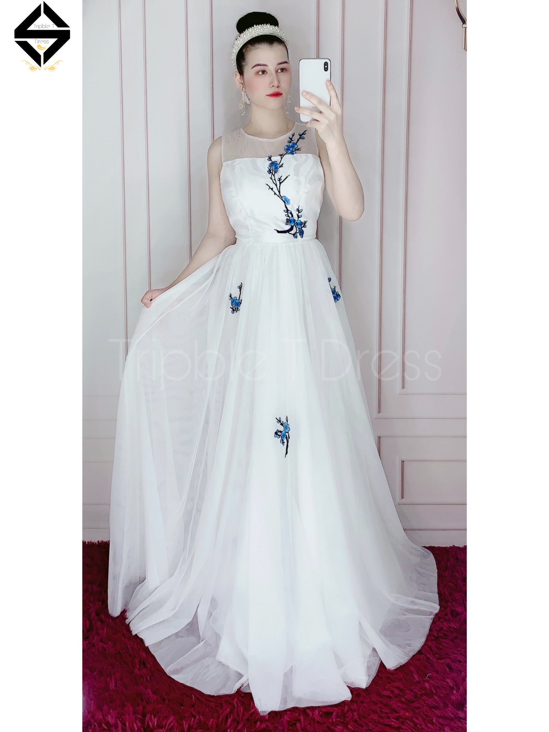 Đầm maxi dự tiệc mặc cưới hoa đào thêu sang trọng TRIPBLE T DRESS - size M/L - MS154Y