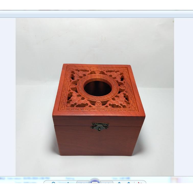 HỘP ĐỰNG GIẤY ĂN GỖ HƯƠNG KHỔ VUÔNG ELAI CHẠM ĐỤC CON RƠI - ẢNH THẬT