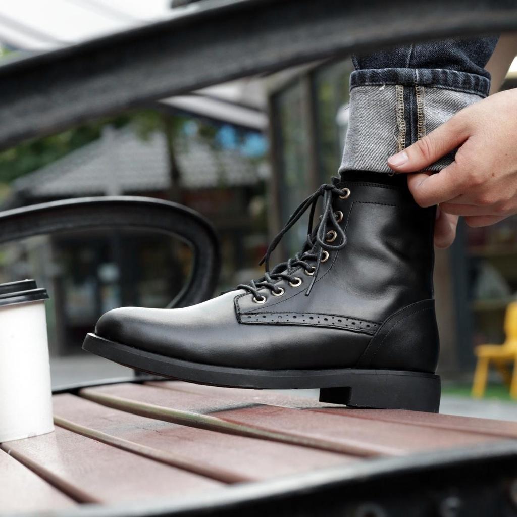 Giày da nam Combat Boots Captain 01 (Com01), da bò đen trơn cao cấp, Lucas Shoes bảo hành 1 năm