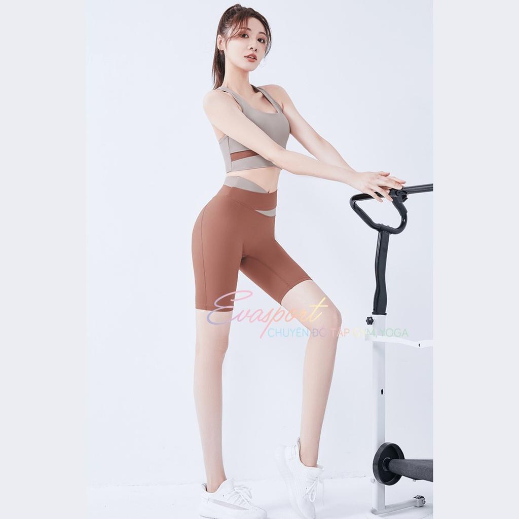 Set bộ đồ tập gym nữ gồm áo bra quần legging đùi chéo, yoga, aerobic, zumba chạy bộ, vải thun thoáng mát tôn vòng 3 Eva
