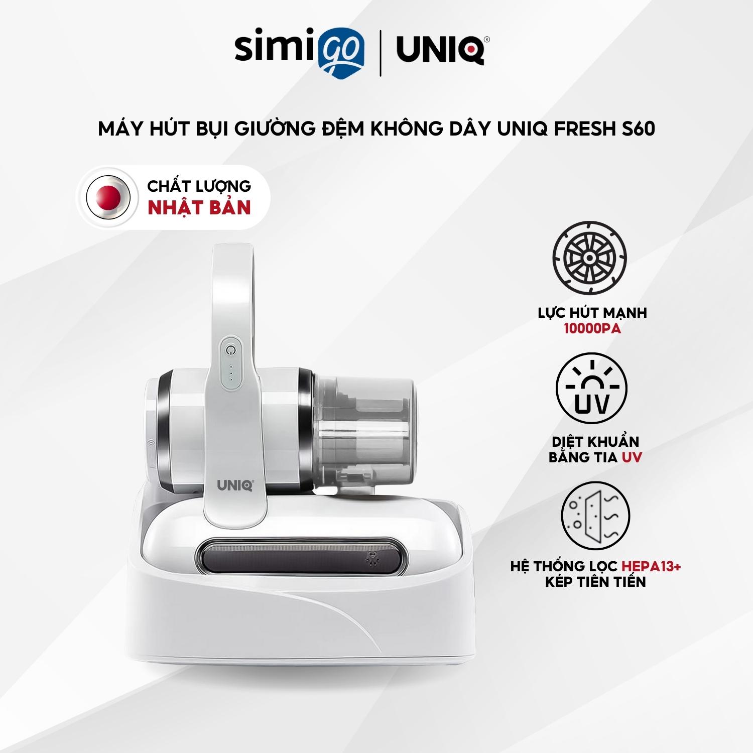 Máy Hút Bụi Giường Đệm Nệm UNIQ Fresh S60 Không Dây Cầm Tay Cao Cấp Đèn UV Đế Sạc Tự Động Lực Hút Mạnh Diệt Sạch Vi khuẩn Ga Gối Lông - Hàng Chính Hãng