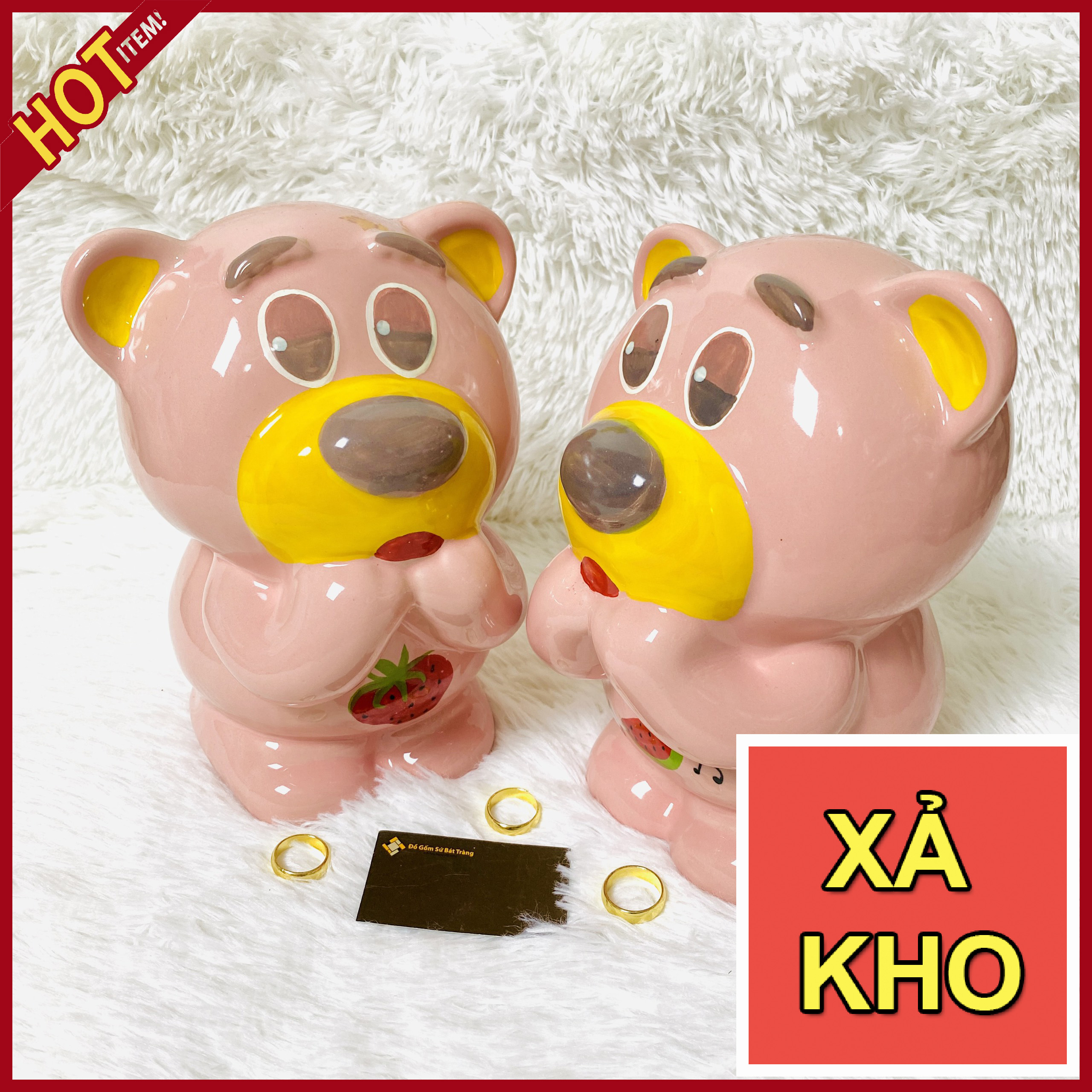 Ống heo tiết kiệm Gấu Dâu, chất liệu gốm sứ Bát Tràng